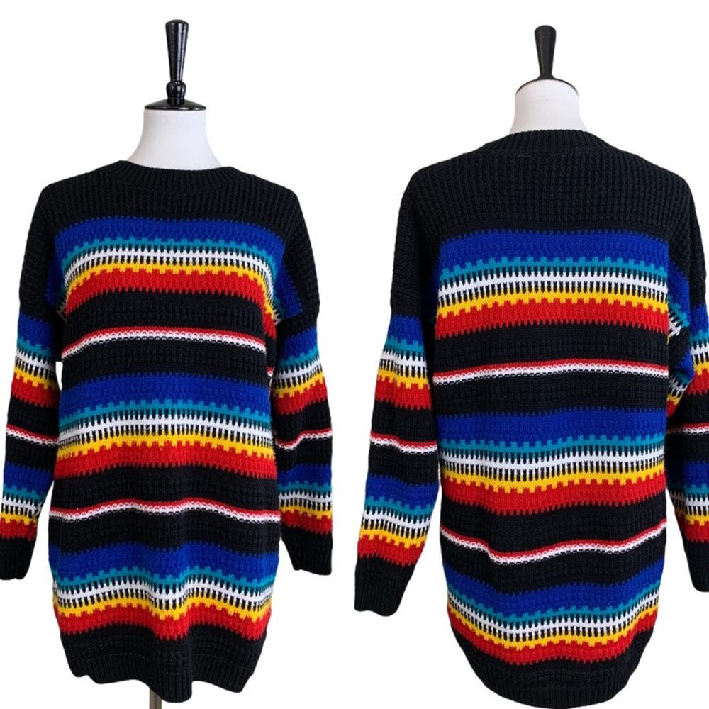 Vintage Cuddle Knit Women's Retro 80's Black Stripe Tunic Sknit Sweater Large - Picture 12 of 12